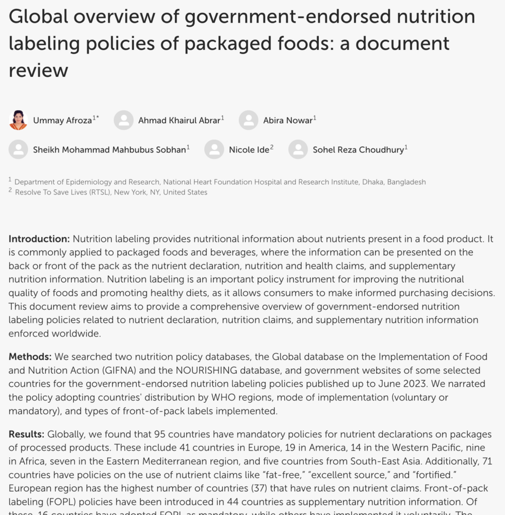 screenshot of Frontiers journal article on warning labels for packaged foods